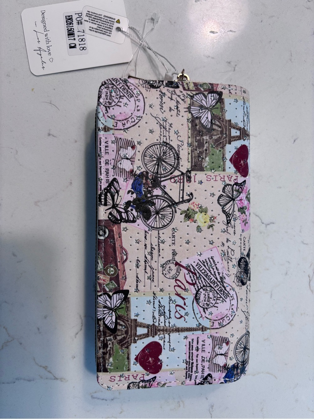 Paris-Themed Women's Zip Wallet - Floral & Butterfly Print